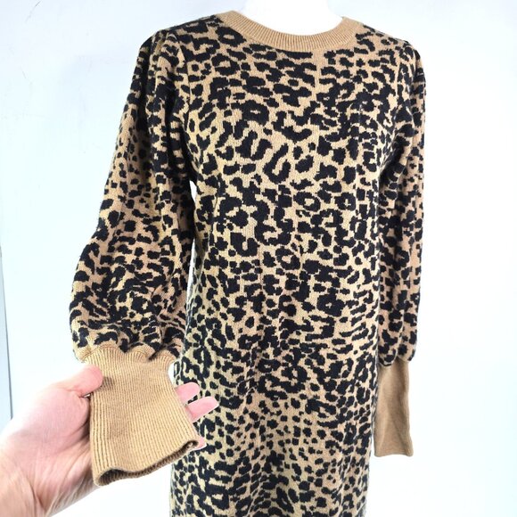 LOFT Black Brown Cheetah Print Crew Neck Wool Blend Fuzzy Sweater Dress - Picture 5 of 8